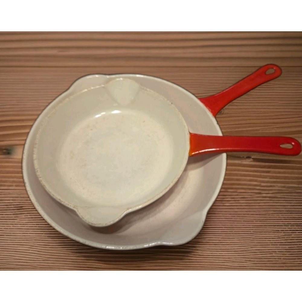 Set of 2 Vintage Descoware Flame Orange Enameled Cast Iron Skillet Pans Belgium